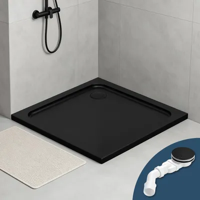 Obrázok produktu pre Eikuavons sprchová vanička z akrylu, 90x90 cm, matná čierna, výška 4 cm, odtok s filtrom na zachytávanie vlasov