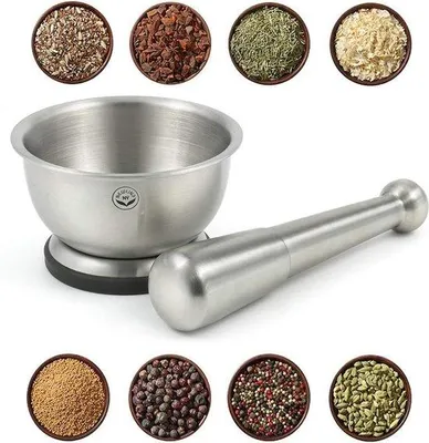 Produktbild von Famanu Mörser Set mit Stößel - Edelstahl, 12,7 x 8,9 x 17,8 cm