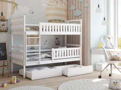 Produktbild von Hochbett 80x180 90x200 Etagenbett mit zwei Schubladen, Lattenrost, Rausfallschutz, umbaubar in zwei Einzelbetten, aus Vollholz massiv in weiss, Funktionsbett Kinderbett 200x90