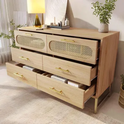 Produktbild von Rattan Kommode Sideboard 6 Schubladen Schminktisch Wohnzimmer Schlafzimmer Sonoma Eiche