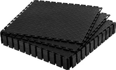 Zdjęcie produktu dla Podłoga garażowa z PVC – płytki zatrzaskowe 513 x 513 x 5 mm – 16 sztuk/4,21 m² – antypoślizgowa – wytrzymała – struktura blachy ryflowanej – do garażu i warsztatu – czarna