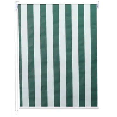 A roller blind with green and white stripes, hanging against a white background.