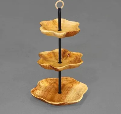 Image de Support à fruits en bois à 3 niveaux, étagère de cuisine ronde