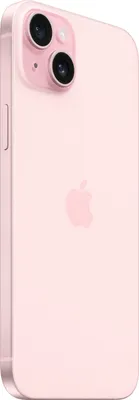 A pink iPhone 15 Plus is shown from a side angle against a white background.