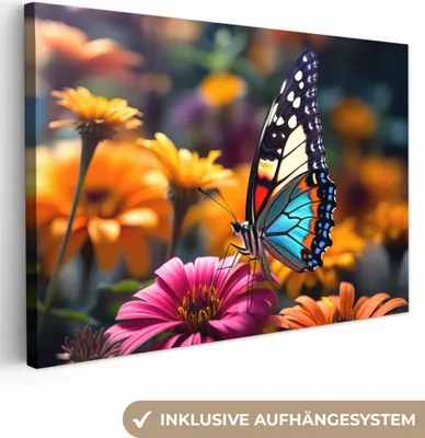 Produktbild von MuchoWow® - Leinwandbilder - Schmetterling - Tier - Bunt - Blumen - Natur, Wandbild, Wanddeko Bilder Wohnzimmer, 90x60 cm