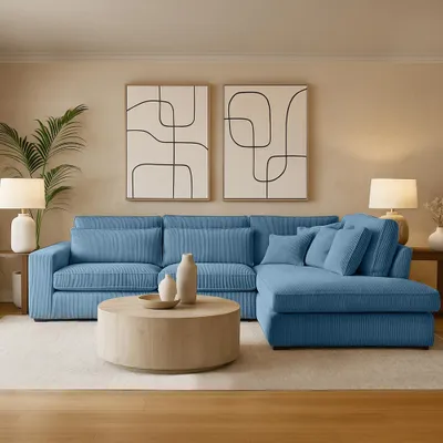 Produktbild von BEAUTYSOFA | Designer - Ecksofa PARMA, L-Form Eckcouch mit Ottomane rechts, Modernes Sofa Velours Soft Touch in Blau mit Kissen