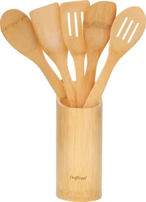 Produktbild von Cheffinger, Bambus-Spachtelset Küche inkl. Besteckbehälter, Braun / Beige