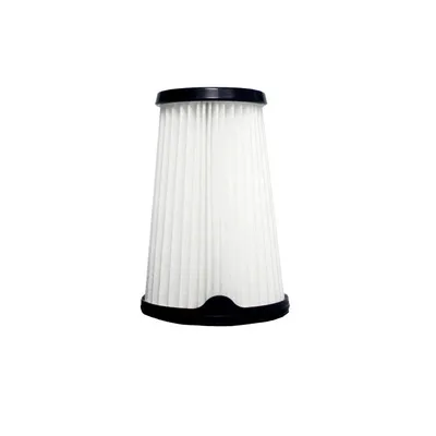 A white pleated filter with black plastic caps on the top and bottom, isolated on a white background.