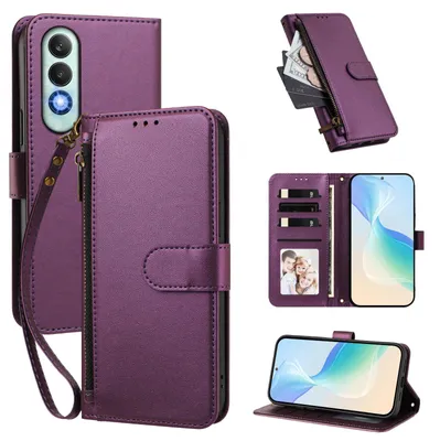 Produktbild von Geldbörse Hülle für OnePlus Nord CE4, Kunstleder Handyhülle mit Kartenfächer, Ständer, Handschlaufe Lila