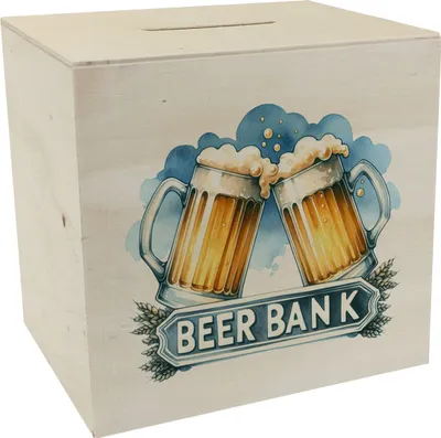 Produktbild von Bier Spardose aus Holz mit Spruch Beer Bank