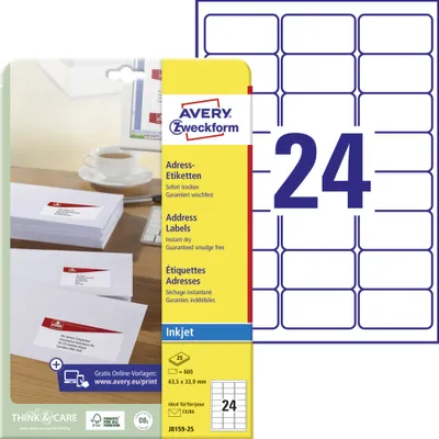 Produktbild von Avery Zweckform J8159-25 Adress-Etiketten, A4, 63,5 x 33,9 mm, 25 Bogen/600 Etiketten, weiß
