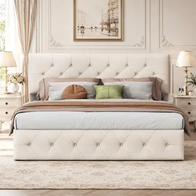 Produktbild von INONEFT Boxspringbett 140x200cm mit lattenrost, polsterbett doppelbett mit hydraulik stauraum, jugendbett bettgestell mit bettkasten, samt beige, KI-generiertes Bild