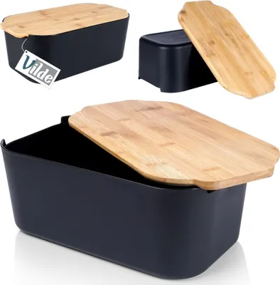 Produktbild von Vilde Brotkasten mit Holzbrett Brotkorb Brotbox Brotbehälter schwarz 33x18,5x12 cm