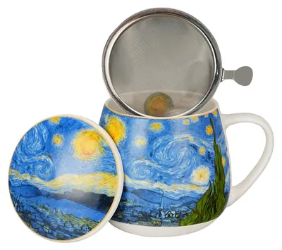 Obrázek produktu pro DUO ART GALLERY Šálek s uchem 430 ml se sítkem na čaj STARRY NIGHT inspirovaný Van Goghem, porcelán New Bone China