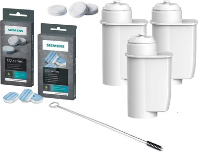 A collection of Siemens water filter cartridges, cleaning tablets, and a cleaning brush arranged on a white background.