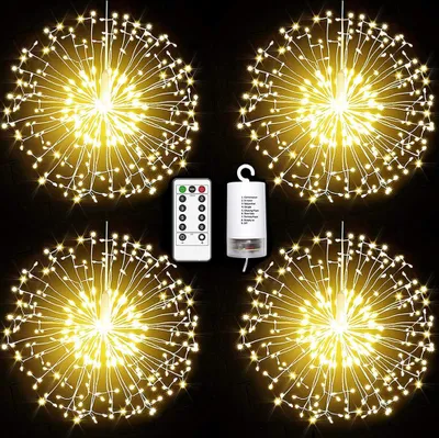 Produktbild von 4 Stück Feuerwerk Lichterkette Batteriebetrieben, 6V Weihnachtsbeleuchtung mit Fernbedienung, Weihnachtsdeko Aussen Innen 8 Modi, Hängelampe Warmweiß 198LEDs Fenster Garten Balkon