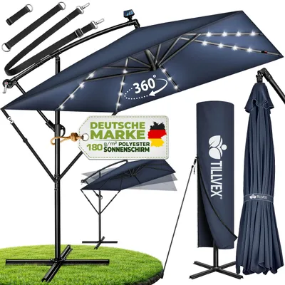 Immagine prodotto di tillvex® Ombrellone in alluminio rettangolare Ø 330 cm con LED solare blu navy + copertura con manovella | ombrellone a sbalzo con supporto e frangivento | ombrellone da giardino protezione UV, impermeabile, girevole a 360° | ombrellone da mercato a manovella