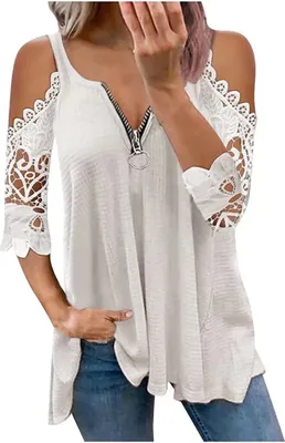 Produktbild von ASKSA Damen Blusen T-Shirt Schulterfrei V-Ausschnitt Tops Lose Langarm Basic Tuniken, Weiß, M