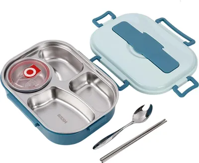 Produktbild von Lunchbox-Behälter, Bento-Lunchbox, Edelstahl-Lunchbox, 4-Gitter-tragbarer Bento-Box-Lebensmittelaufbewahrungsbehälter für Studenten und Erwachsene(Blau)