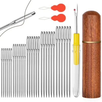 Produktbild von Handnähnadeln Set 33 Stück Edelstahl mit großem Öhr, 5 Größen, Nahttrenner, 2 Nadeleinfädler
