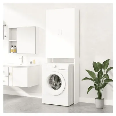 Produktbild von Waschmaschinenschrank mit 2 Türen und 3 Fächern, Badmöbel in Weiß, 64x25,5x190 cm