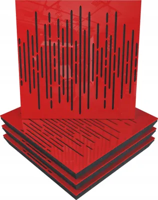 Immagine prodotto di 4 pannelli acustici a parete con set di montaggio | "WAVE" 50x50x5cm | assorbimento e diffusione | colore: plastica rossa lucida