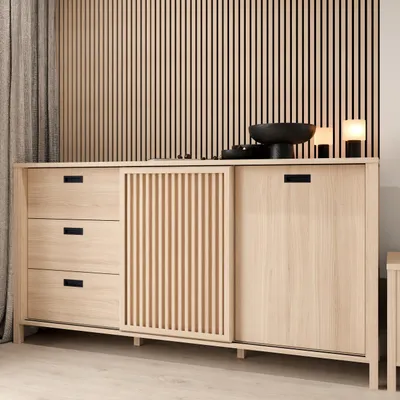 Produktbild von Forte JYTANA Sideboard 17ß 180, skandinavisches Sideboard mit 3 Schubladen und 2 Schranktüren, Holzwerkstoff, Riva Eiche Holzdekor, 174,8 cm breit x 91,5 cm hoch x 40,2 cm tief