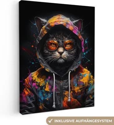 Produktbild von Leinwandbilder 60x80 cm - Graffiti - Katze - Mantel - Brille - Schwarz, Bilder Wohnzimmer Modern, Wanddeko