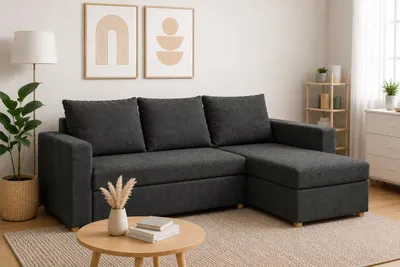 Produktbild von Ecksofa HUGO L-Form, Universal, Modernes Bettsofa mit Schlaffunktion und Bettkasten, Schlafsofa, Couch beidseitig montierbar, DUNKELGRAU - SAWANA 05, KI-generiertes Bild
