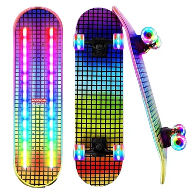 Image de Suotu Mini-skateboard LED pour enfants, avec roues LED (piles non requises), roulements ABEC-7, plateau en plastique, 55,9 × 15,2 cm, grille colorée
