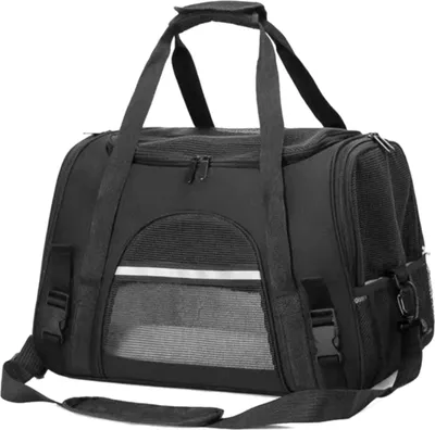 Produktbild von Hundebox Katzebox Haustier-Transporttasche, atmungsaktive, tragbar, Verstellbare Schultergurte, Plueschmatte, Taschengröße: 43 * 28 * 25 cm, Schwarz