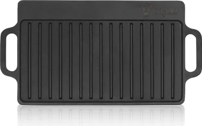A black cast iron grill plate with handles is shown from a top-down perspective on a white background.