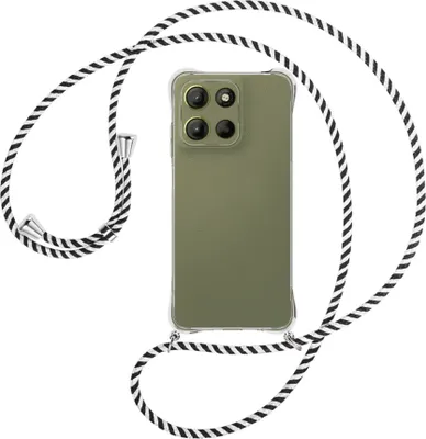 Produktbild von Handykette Backcover-Schutzhülle mit Band (Metall silberfarben) für Motorola Moto G15 - schwarz/weiß gestreift