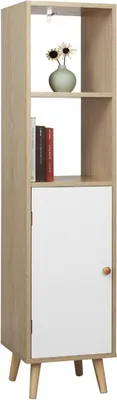 Obrázok produktu pre Regál Happyment Zika - 4 úrovne - S dvierkami - Biely/dub - 33 × 30 × 133 cm - Regál do obývačky, spálne a detskej izby - Drevo