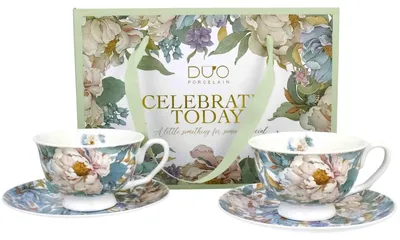 Produktbild von DUO 2er-Set Tassen PEONY WHITE, 250 ml mit Untertassen, New Bone China Porzellan, in Geschenkbox
