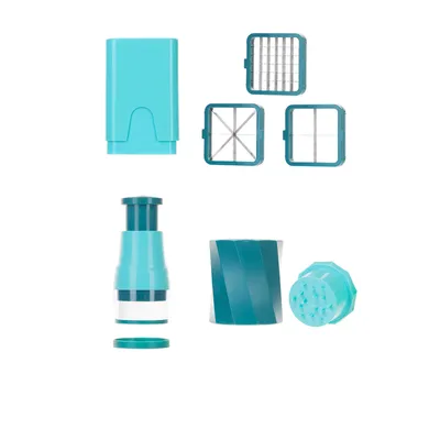 A collection of teal-colored kitchen gadgets, likely for chopping or slicing vegetables, arranged on a white background.