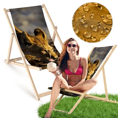 Holz Liegestuhl klappbar „Löwin“ – Gartenstuhl Relaxstuhl Sonnenliege Balkon Terrasse Tiermotiv
