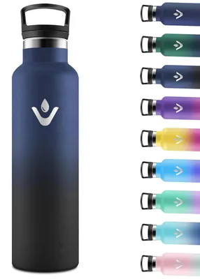 Productafbeelding van Thermosfles 1 liter, roestvrij staal, lekvrij met rietje, donkerblauw/zwart