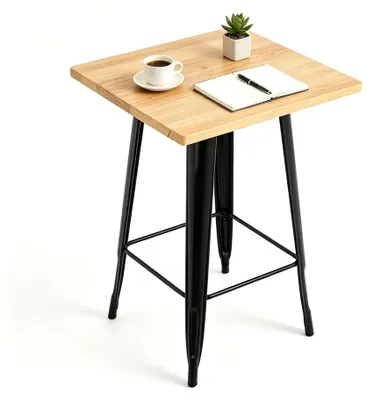 Produktbild von Bartisch - Hoher Stehtisch/Bistrotisch - Industrielles Design - Metallgestell - 60x60 cm Tischplatte - Höhe 110 cm - Für Küche, Bar, Restaurant - Holzoptik
