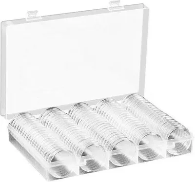 Immagine prodotto di Set di 100 capsule per monete da 27 mm, con scatola inclusa.