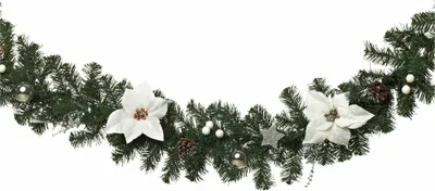 Produktbild von Weihnachtsgirlande – komplett mit Dekoration – Weihnachtsdekoration – Weiß, Silber und Grün – 270 cm