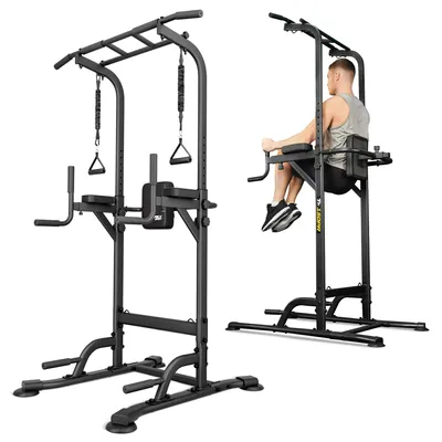 Produktbild von TREX SPORT Power Tower Dip Station & Klimmzugstange freistehend TX-150PR | multifunktionaler Kraftturm mit Expandern | Fitness Kraftstation bis 150 kg