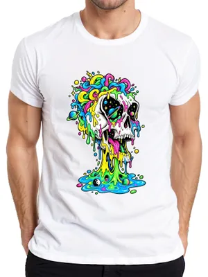 Produktbild von Psychedelischer Totenkopf Bunt Schmelzend Space Galaxie Skull Herren T-Shirt, Weiß, S
