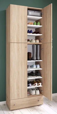 Produktbild von VCM Holz-Schuhschrank | Maße: H. 200 x B. 70 x T. 39 cm | Allzweckschrank | 9 Fächer | 4 Drehtüren | extra Schublade – Lona