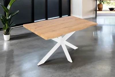 Produktbild von Esstisch 120x80 cm Baumkante Holz Wildeiche-Optik Spider-Gestell Metall weiß DUA