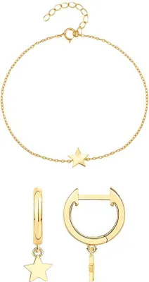 Produktbild von Suzan Gold® Vergoldetes Schmuckset Silber 925 Damen | Armband mit Stern-Anhänger & Huggie-Creolen mit Stern-Charm | Elegantes Schmuckdesign Starlit Duo | Hautfreundlich, wasserfest &