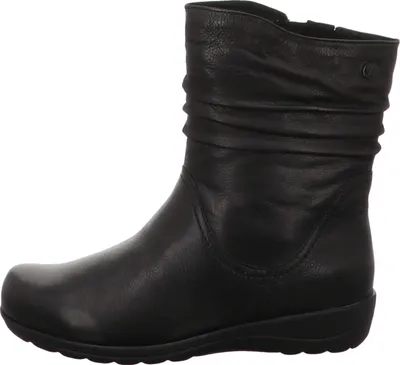 A black leather boot is shown from the side against a white background.