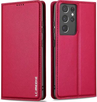 Obrázek produktu pro Magnetické flipové kožené pouzdro pro Samsung Galaxy S21 Ultra 5G, s přihrádkou na karty a funkcí stojánku Červená