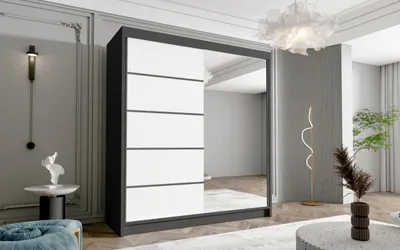 Produktbild von Schwebetürenschrank Harry III 180 cm mit Spiegel - Groß Kleiderschrank, Schiebetürenschrank mit Kleiderstange und Einlegeboden, Schlafzimmerschrank, Schiebetüren, 180x215x58 cm (Schwarz/Weiß)