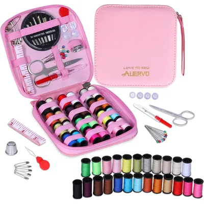 Immagine prodotto di Kit da cucito mini con custodia in pelle e aghi per adulti, rosa, 79 pezzi
